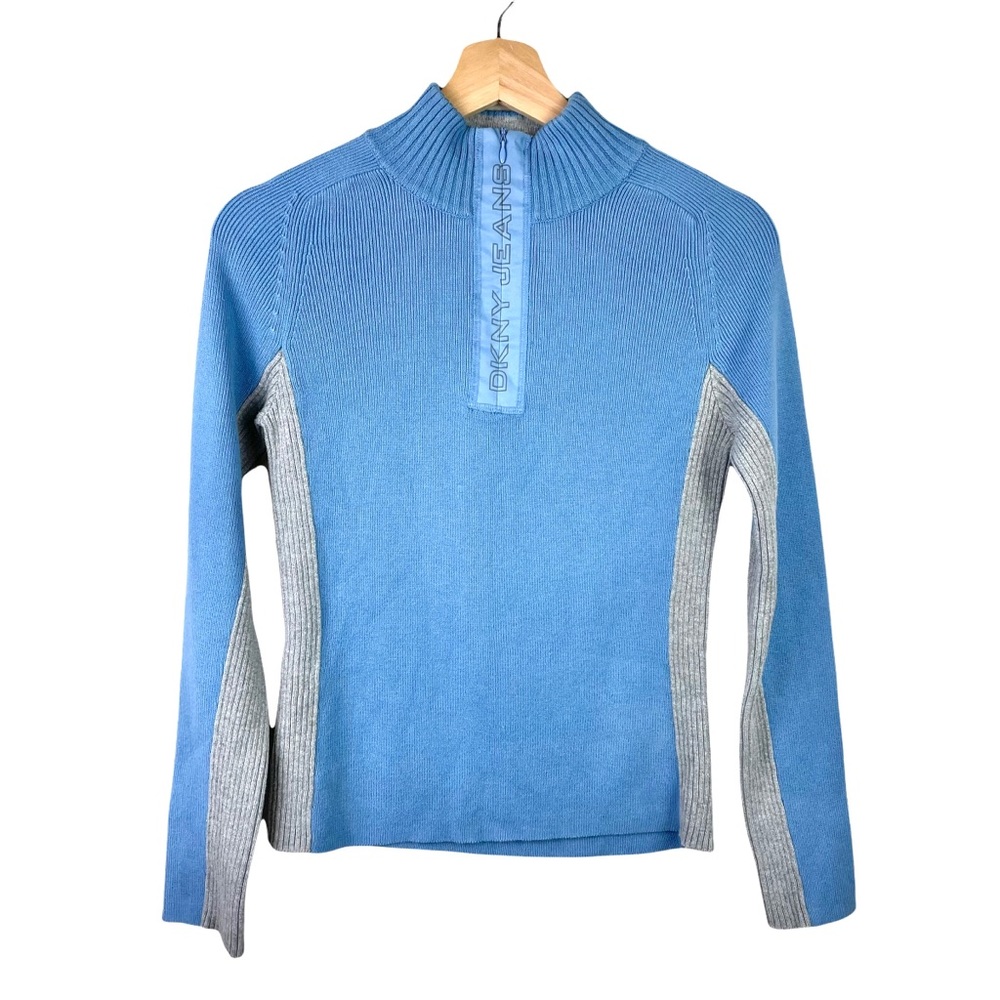 Vintage 90s Y2K Shirt Blue Medium Half Zip Turtleneck Ribbed DKNY Long Sleeve